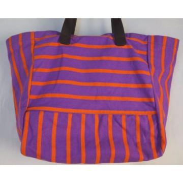 BODEN Purple &amp; Orange Striped Canvas Leather Beach Bag Large Tote EUC