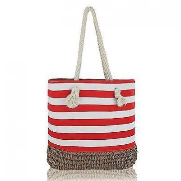 BRC Fashion Large Zippered &amp; Lined Canvas Striped Beach Bag - Paper Straw Cro...