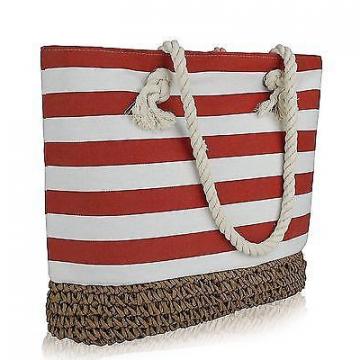 BRC Fashion Large Zippered &amp; Lined Canvas Striped Beach Bag - Paper Straw Cro...