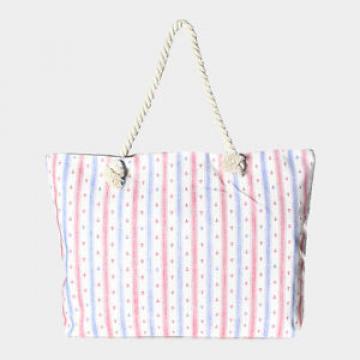 Designer Inspired Ivory Striped Anchor Print Linen Zip Beach Tote Bag 333213