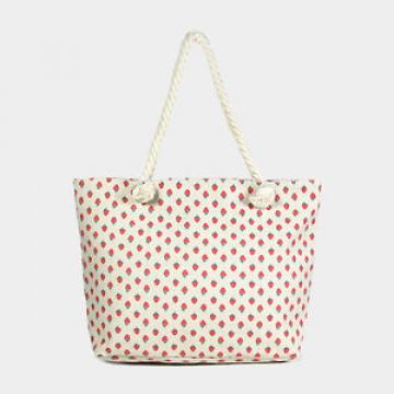 Designer Inspired Ivory Strawberry Print Linen Canvas Zip Beach Tote Bag 333217