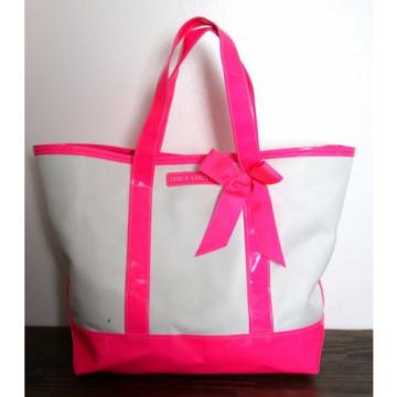 LARGE JUICY COUTURE OFF WHITE NYLON CANVAS HOT PINK TRIM TOTE BEACH BAG HANDBAG