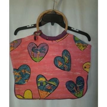 Sally Huss Handbag Tote Beach Bag with Hearts Pinks &amp; Purple large canvas 12x13