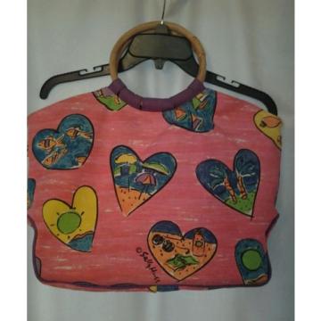 Sally Huss Handbag Tote Beach Bag with Hearts Pinks &amp; Purple large canvas 12x13