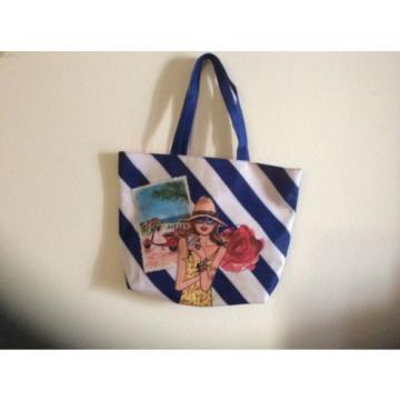 lancome beach bag blue/white striped flower travel