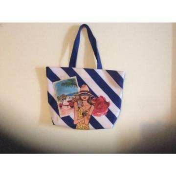 lancome beach bag blue/white striped flower travel