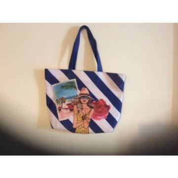 lancome beach bag blue/white striped flower travel