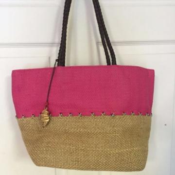 CLAIBORNE SHOULDER BAG TOTE BEACH BAG WOVEN PINK BEIGE 11X17X7X9 NWOT