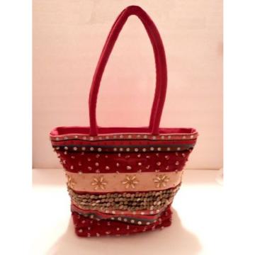 Red and Tan Strip Beaded Sea Shell Beach Summer Bag