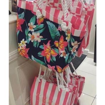 NWT Victoria&#039;s Secret VERY SEXY NOW PINK STRIPED Reversible Tote Bag beach 2017