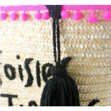 Women&#039;s handmade woven summer beach straw bag with pom poms emboridery tassel