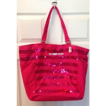 Victoria&#039;s Secret Pink Sequined Striped Canvas Tote Sequin Beach Bag New!