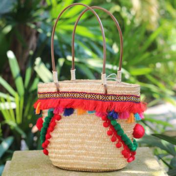 Women&#039;s handmade straw bag beach handbag with pom poms embroidery tassels