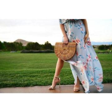 Women&#039;s handmade summer beach bamboo ratten open caged round tote bag handbag