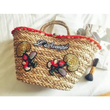 Women&#039;s handmade summer beach straw bag with pom pom flower letters embroidery