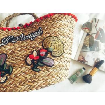 Women&#039;s handmade summer beach straw bag with pom pom flower letters embroidery