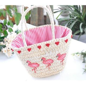 Women&#039;s handmade summer beach straw bag flamingo ice cream cactus embroidery