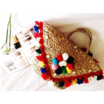 Women&#039;s handmade boho bohemian beach seagrass bag handbag with pom pom tassels