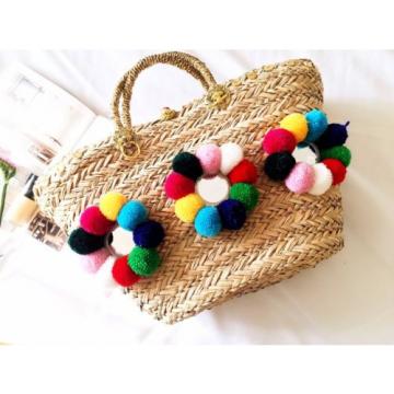 Women&#039;s handmade boho bohemian beach seagrass bag handbag with pom pom tassels