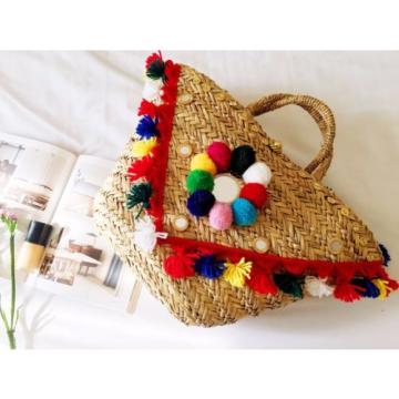 Women&#039;s handmade boho bohemian beach seagrass bag handbag with pom pom tassels