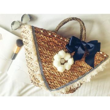 Women&#039;s handmade summer beach straw bag with pom pom fringe appliques bow pearls