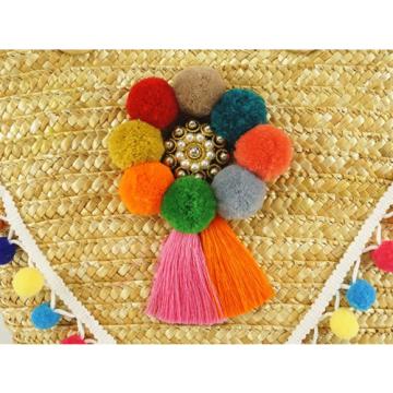 Women&#039;s handmade beach straw shoulder bag boho bohemian handbag with pom poms