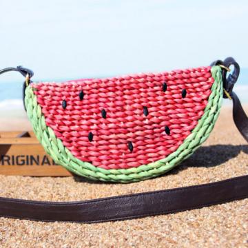 Women&#039;s handmade woven cute summer beach small straw bag with watermelon design