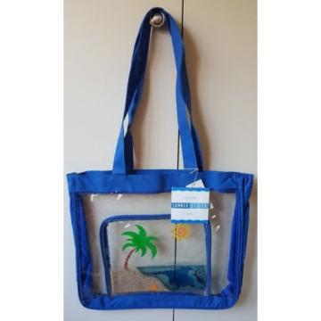 NEW SUMMER STOCK BEACH BAG CLEAR VINYL WITH BLUE TRIIM - BEACH SCENE ON POCKET