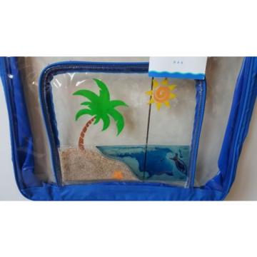 NEW SUMMER STOCK BEACH BAG CLEAR VINYL WITH BLUE TRIIM - BEACH SCENE ON POCKET