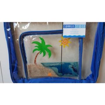 NEW SUMMER STOCK BEACH BAG CLEAR VINYL WITH BLUE TRIIM - BEACH SCENE ON POCKET