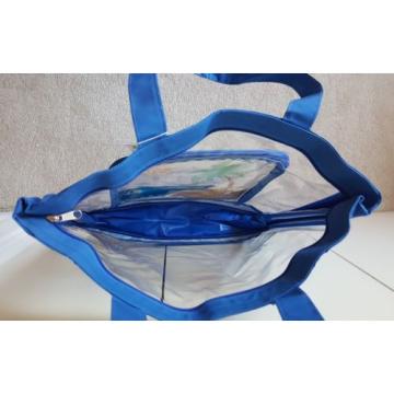 NEW SUMMER STOCK BEACH BAG CLEAR VINYL WITH BLUE TRIIM - BEACH SCENE ON POCKET