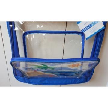 NEW SUMMER STOCK BEACH BAG CLEAR VINYL WITH BLUE TRIIM - BEACH SCENE ON POCKET