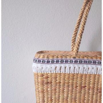 Natural Straw Woven Tote Bag Handbag Beach Bag Boho Vintage Hippie Fabric Ribbon