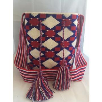 NEW 100% HANDMADE WAYUU MOCHILA TOTE drawstring beach WHITE RED BLUE FRINGE BAG