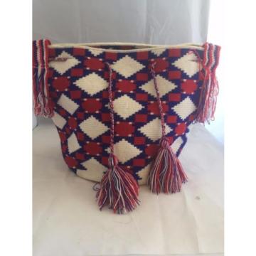 NEW 100% HANDMADE WAYUU MOCHILA TOTE drawstring beach WHITE RED BLUE FRINGE BAG