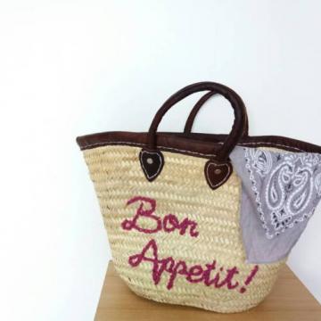 FREE SHIPPING   embroidery  marche  basket beach tote woman bags &#034;Bon Appetit&#034;