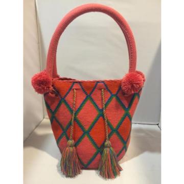 NEW HANDMADE  WAYUU MOCHILA pink FRINGE100% COTTON TOTE drawstring beach BAG