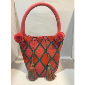 NEW HANDMADE  WAYUU MOCHILA pink FRINGE100% COTTON TOTE drawstring beach BAG