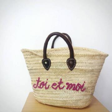 FREE SHIPPING   embroidery  marche  basket beach tote woman bags &#034;TOI ET MOI&#034;