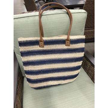 NWT Women&#039;s &#034;Straw Studios&#034; Beige and Navy Blue Tote/Beach Bag