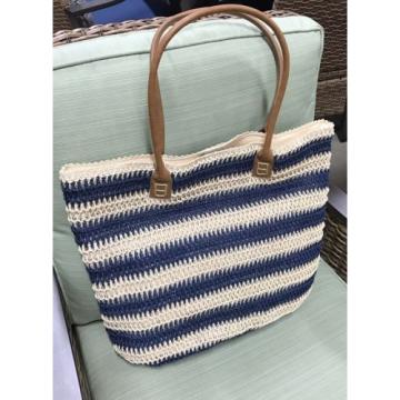 NWT Women&#039;s &#034;Straw Studios&#034; Beige and Navy Blue Tote/Beach Bag