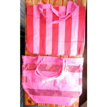 Set of 2 Victoria&#039;s Secret large striped pink sequin canvas tote beach pool bags