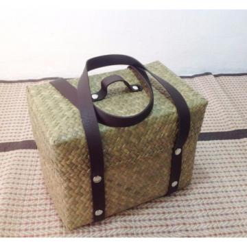 woven wicker square basket with leather strap storage picnic beach bag