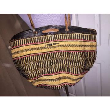 Moroccan Africa straw bag black natural saddle leather beach bucket bag tote