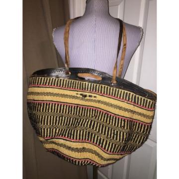 Moroccan Africa straw bag black natural saddle leather beach bucket bag tote