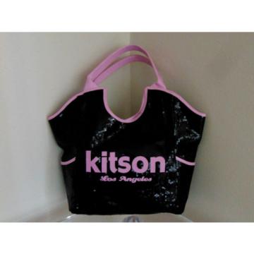 KITSON Los Angeles Pink &amp; Black Sequin Beaded Large Tote Shopper Beach Bag Purse