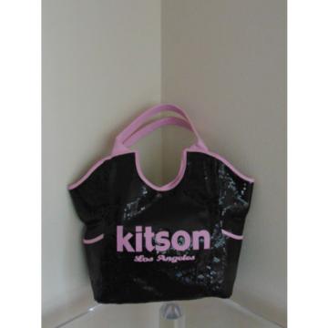 KITSON Los Angeles Pink &amp; Black Sequin Beaded Large Tote Shopper Beach Bag Purse