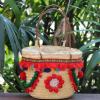 Women&#039;s handmade straw bag beach handbag with pom poms embroidery tassels