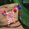 Women&#039;s handmade straw bag handbag with embroidery and shells tassels pom poms