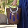 Women&#039;s handmade summer rattan straw tote bag boho tribal handbag with tassels